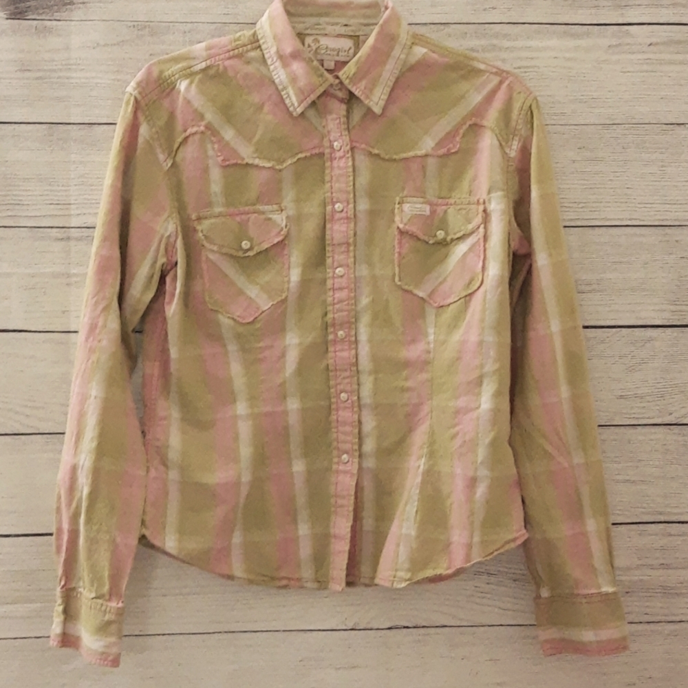 Cowgirl Hardware Plaid Raw Hem Western Snap Top Slim Fit PTP 20" (L Tag) *FLAW*